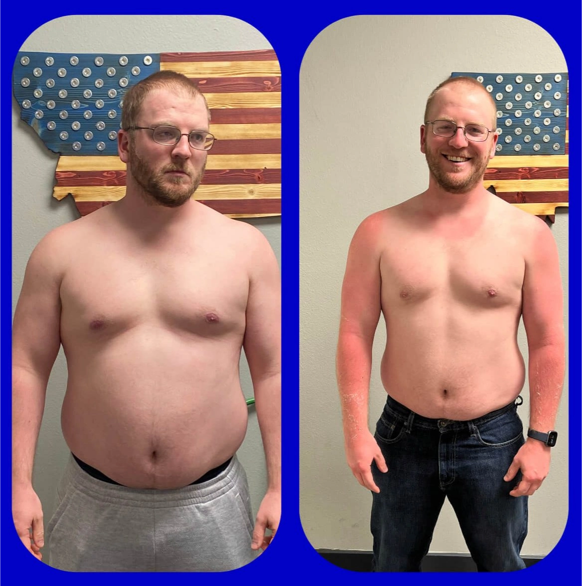 Member before-and-after — side-by-side in front of the flag wall